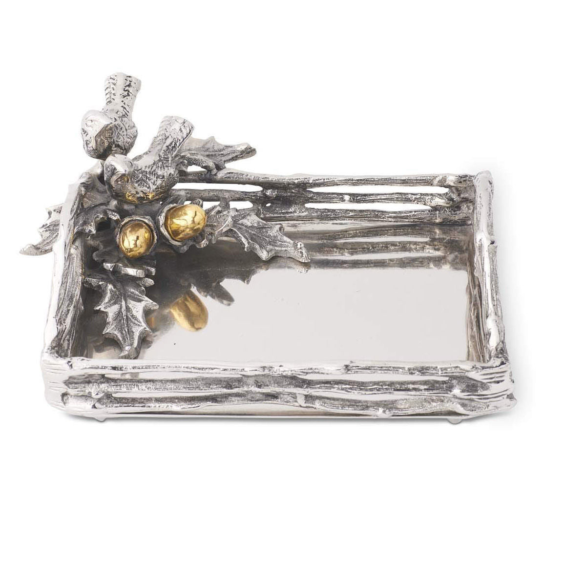 Polished Silver Tray With Birds & Oak Leaves