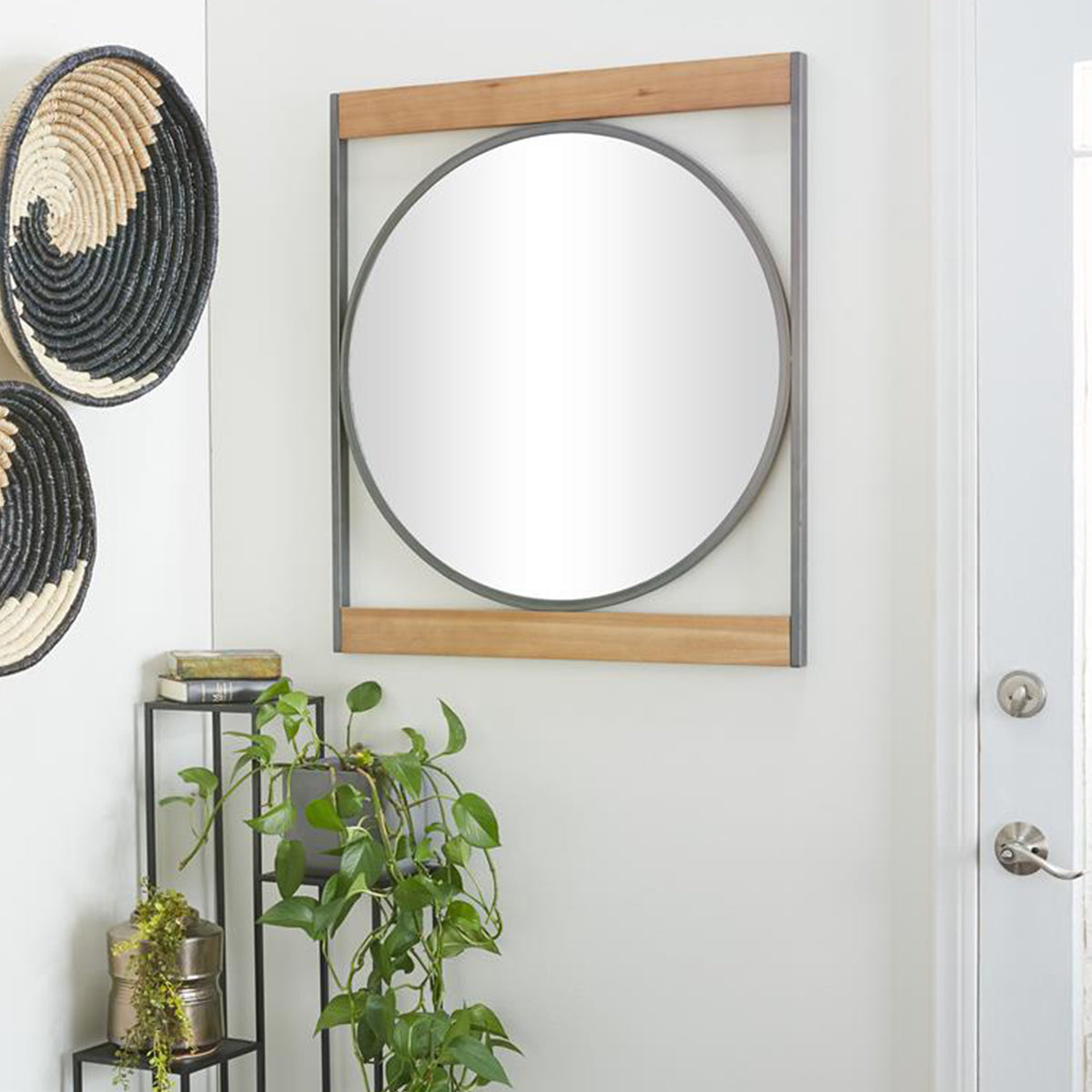 Brown Metal Round Industrial Mirror