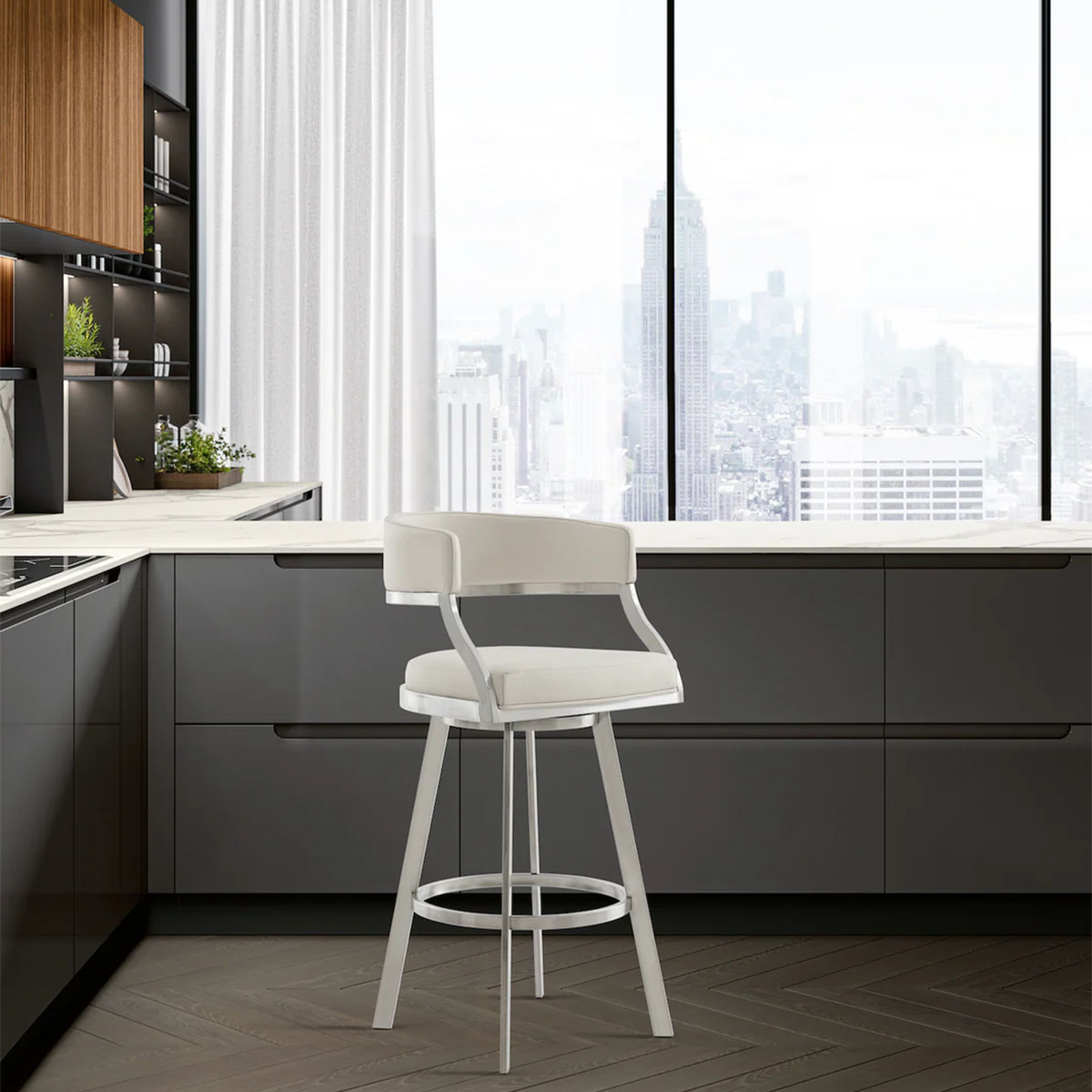 SATURN CREAM LEATHER & STEEL SWIVEL COUNTER STOOL