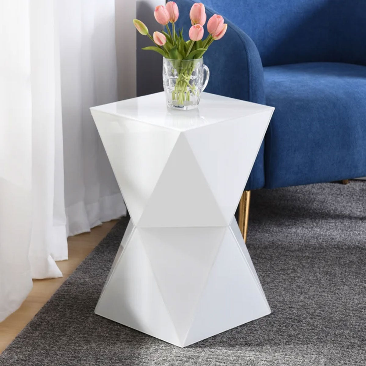 WHITE GLASS GEO PEDESTAL TABLE