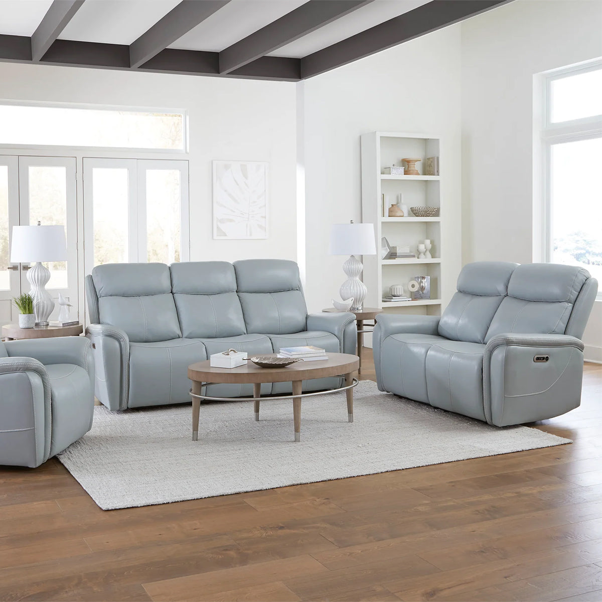 Cascade Leather Mist Gray Power Headrest Sofa