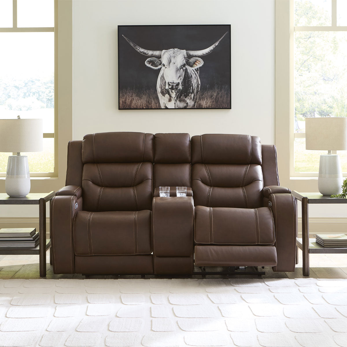 KNIGHTINGTON LOVESEAT W/ AUDIO & CONSOLE IN BROWN