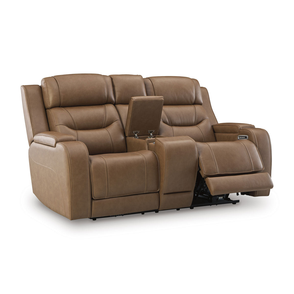 KNIGHTINGTON LOVESEAT W/ AUDIO & CONSOLE IN CARAMEL
