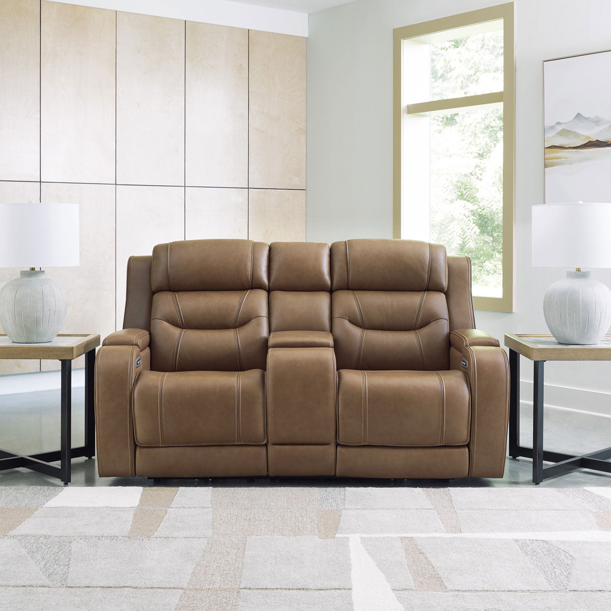 KNIGHTINGTON LOVESEAT W/ AUDIO & CONSOLE IN CARAMEL