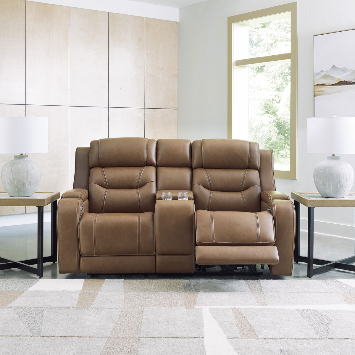 KNIGHTINGTON LOVESEAT W/ AUDIO & CONSOLE IN CARAMEL
