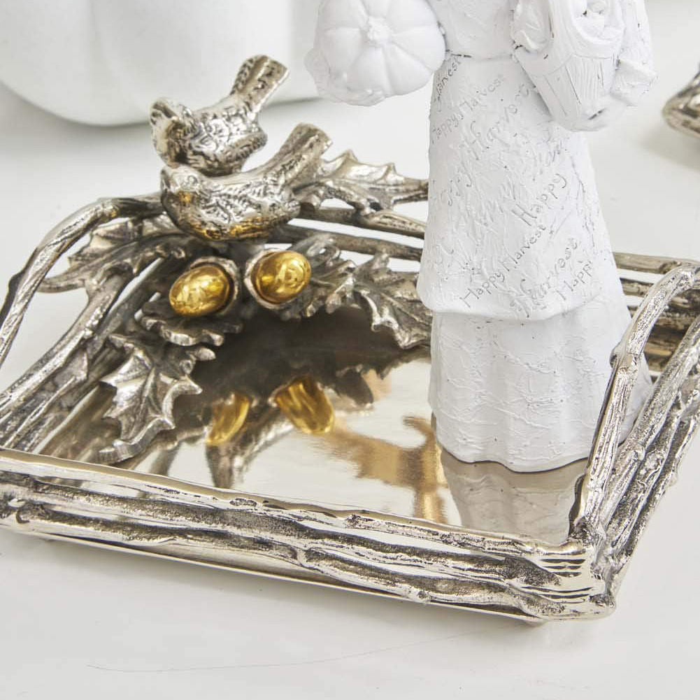 Polished Silver Tray With Birds & Oak Leaves