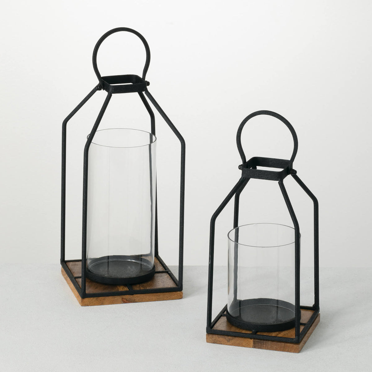 Set Of 2 Iron & Wood Lantern Set