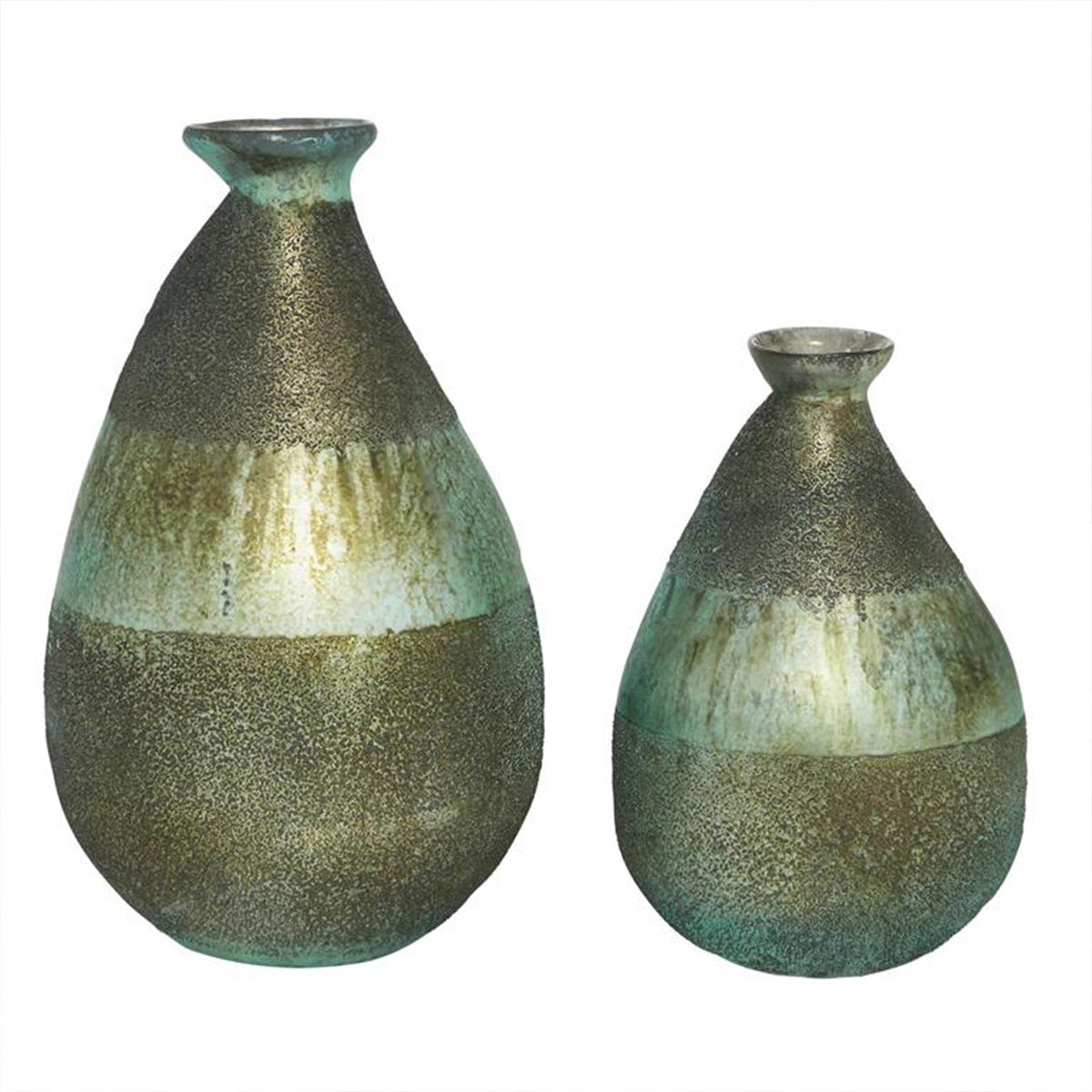 S/2 Rustic Green Glass Vases