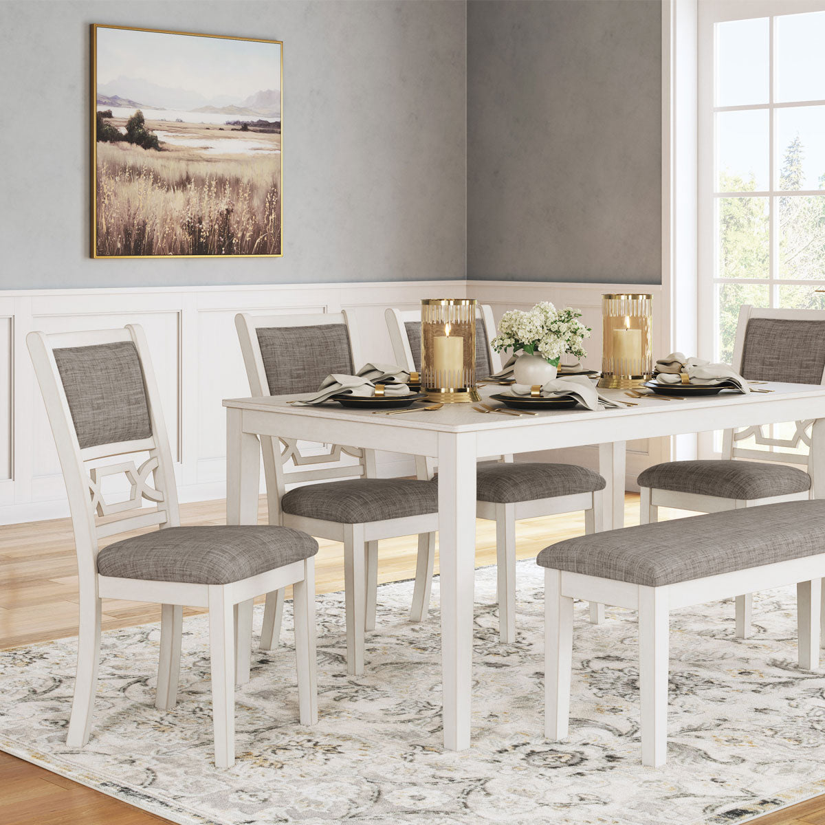 LUDWIG WHITE 6PC RECTANGLE DINING W/BENCH