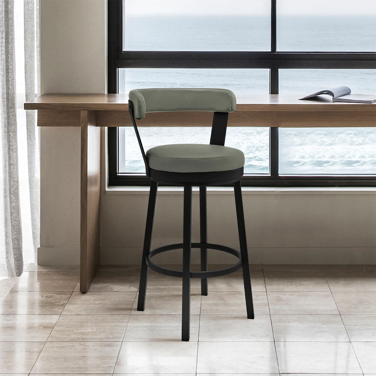BRYANT FAUX GREY LEATHER & BLACK STEEL BAR STOOL