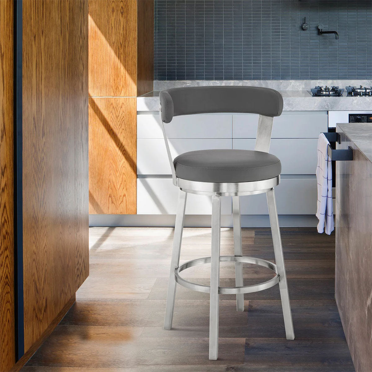 BRYANT FAUX GREY LEATHER & STEEL COUNTER STOOL