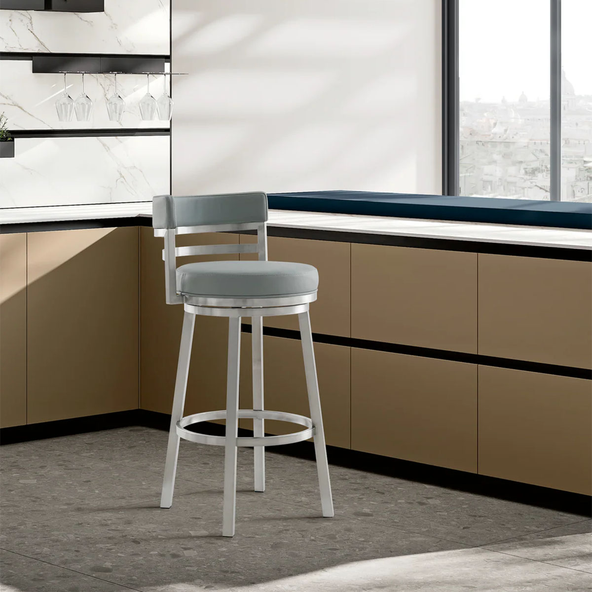 MADRID GREY LEATHER & STEEL COUNTER STOOL