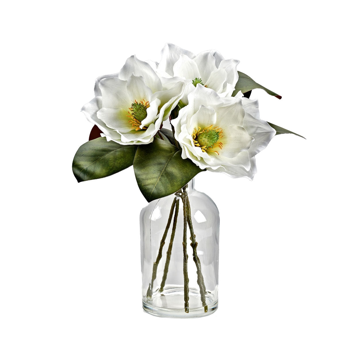 14" White Magnolias In Glass Vase