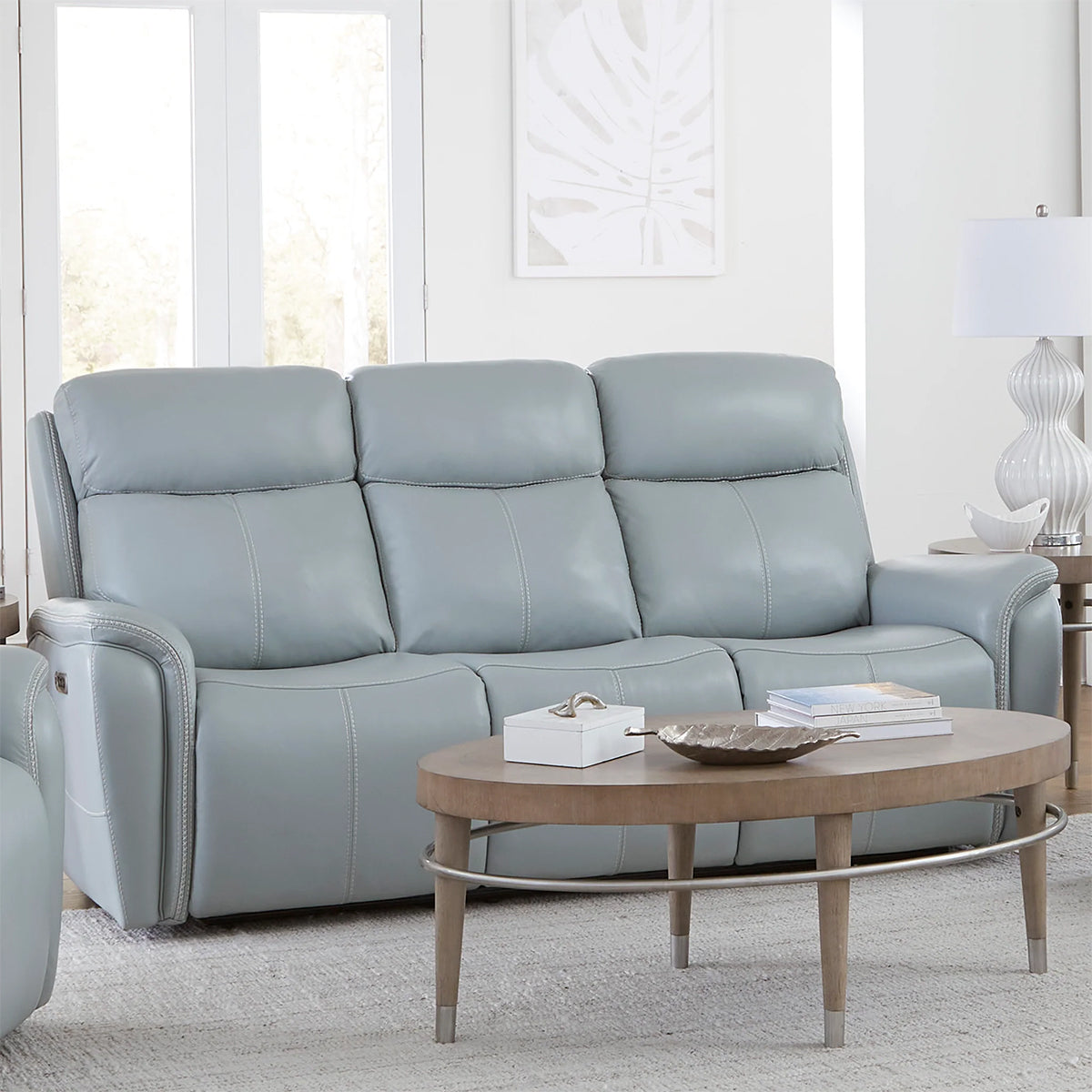Cascade Leather Mist Gray Power Headrest Sofa