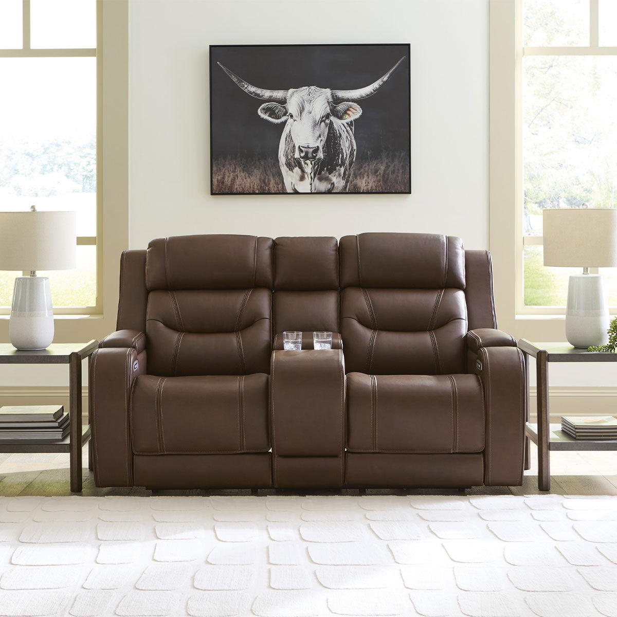 KNIGHTINGTON LOVESEAT W/ AUDIO & CONSOLE IN BROWN