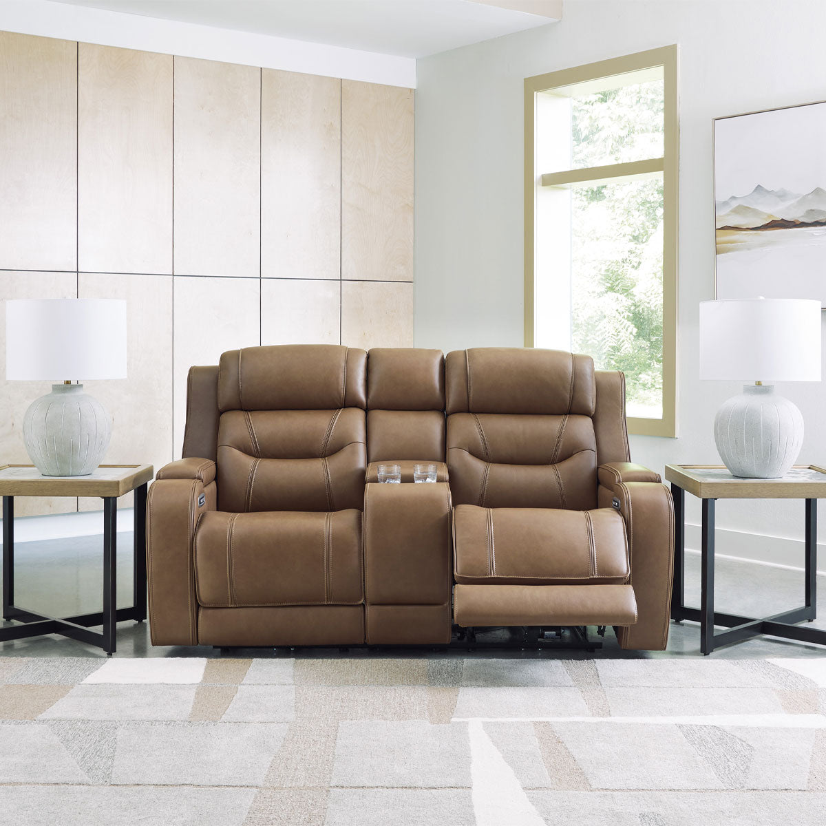 KNIGHTINGTON LOVESEAT W/ AUDIO & CONSOLE IN CARAMEL