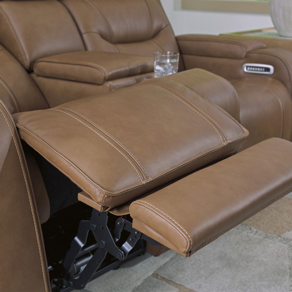 KNIGHTINGTON LOVESEAT W/ AUDIO & CONSOLE IN CARAMEL