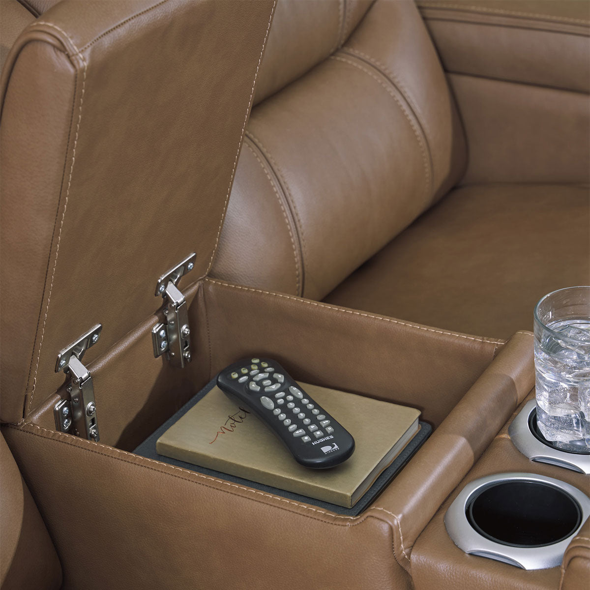 KNIGHTINGTON LOVESEAT W/ AUDIO & CONSOLE IN CARAMEL