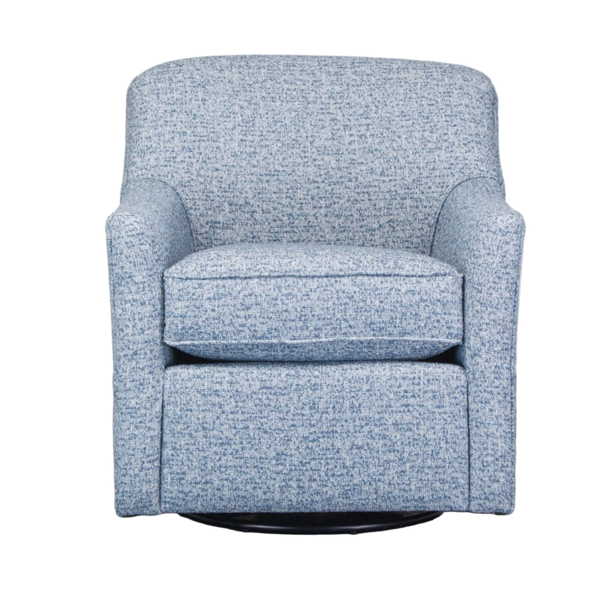 A modern upholstered swivel armchair in a textured light blue fabric, set against a plain white wall and gray concrete floor.